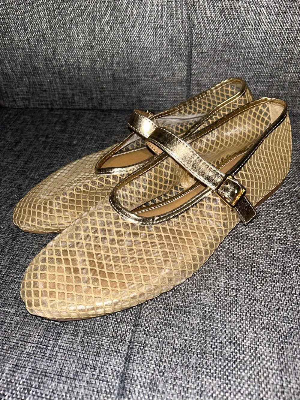 Gold Mesh Mary Jane Flats with Metallic Strap - Picture 2 of 8
